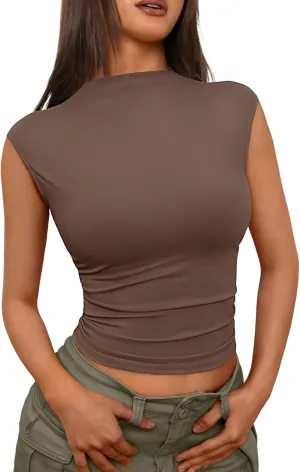 Trendy Queen Women's Going Out Basic Tank Tops Mock Neck Spring Clothes Sleeveless Cute Shirts Summer Y2K Sexy Outfits 2025