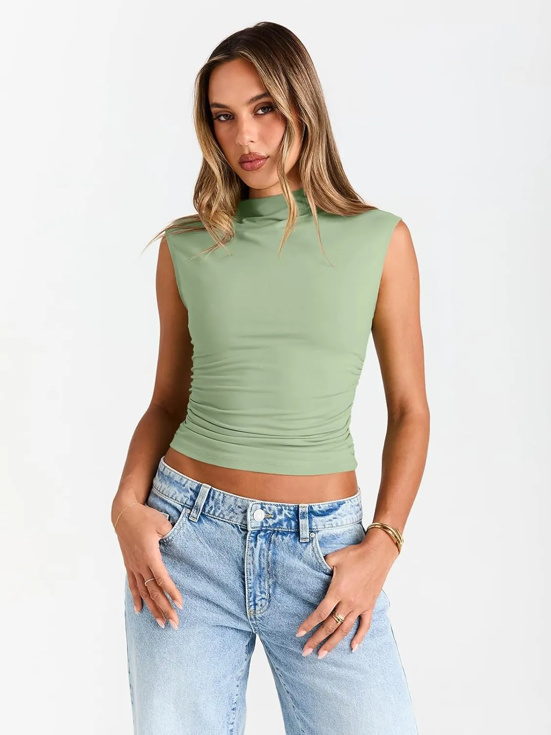 Trendy Queen Women's Going Out Basic Tank Tops Mock Neck Spring Clothes Sleeveless Cute Shirts Summer Y2K Sexy Outfits 2025