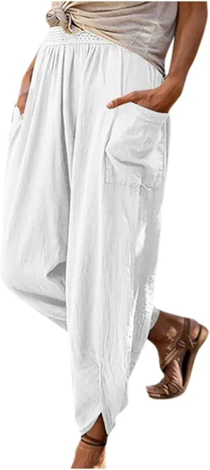 tuduoms Women's Linen Tapered Pants Comfy Casual Cropped Elastic Waist Beach Trousers Summer Lightweight Baggy Harem Pants