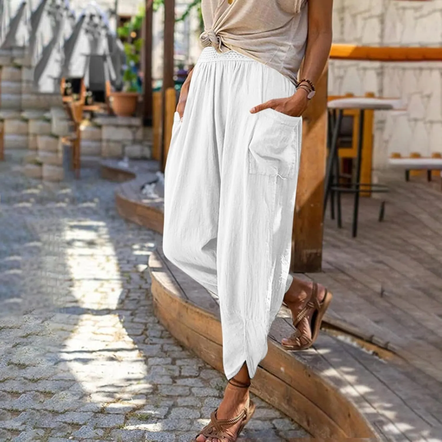 tuduoms Women's Linen Tapered Pants Comfy Casual Cropped Elastic Waist Beach Trousers Summer Lightweight Baggy Harem Pants
