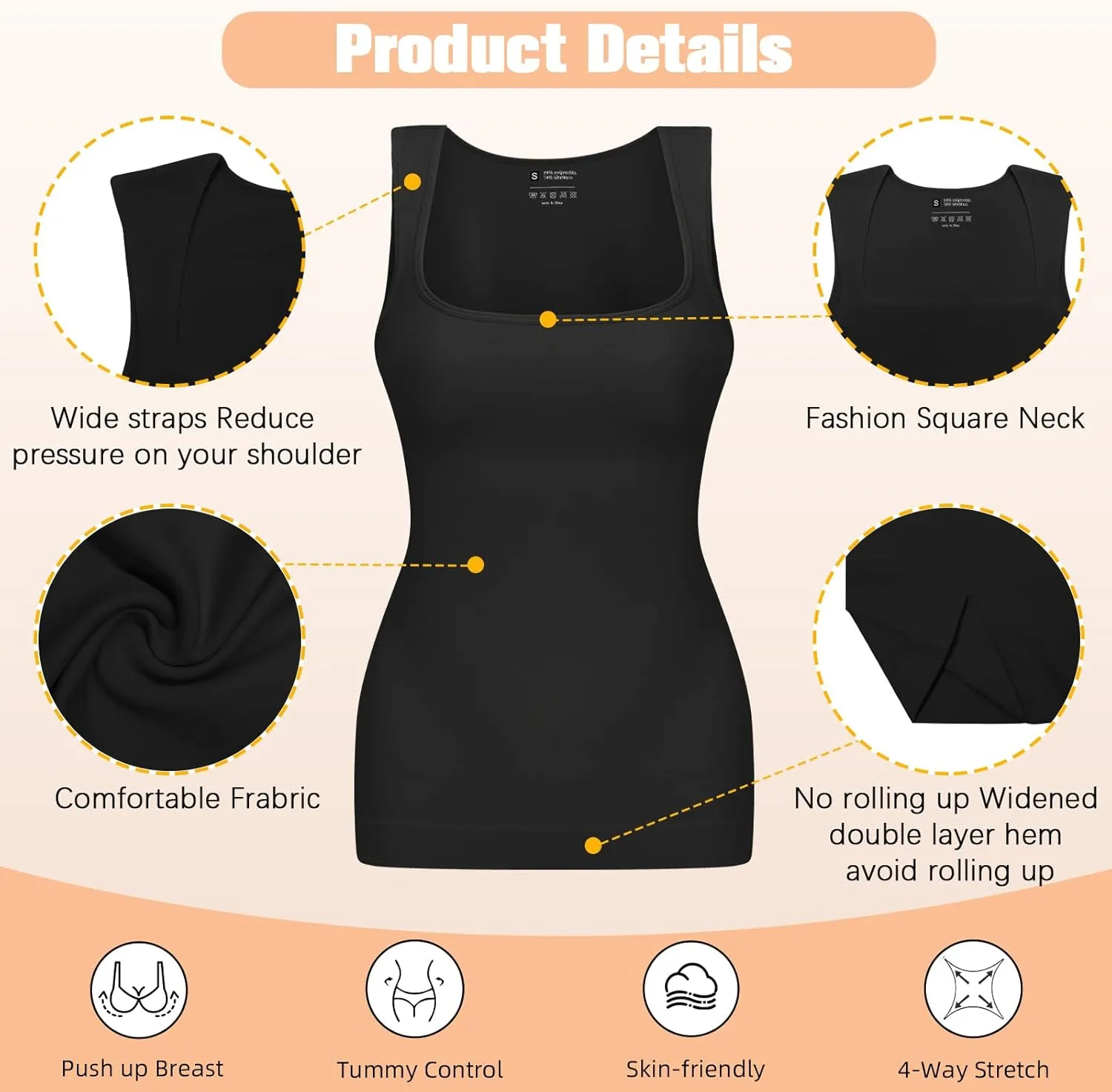 Tummy Control Shapewear Compression Tank Tops for Women Seamless Square Neck Body Shaper Camisole