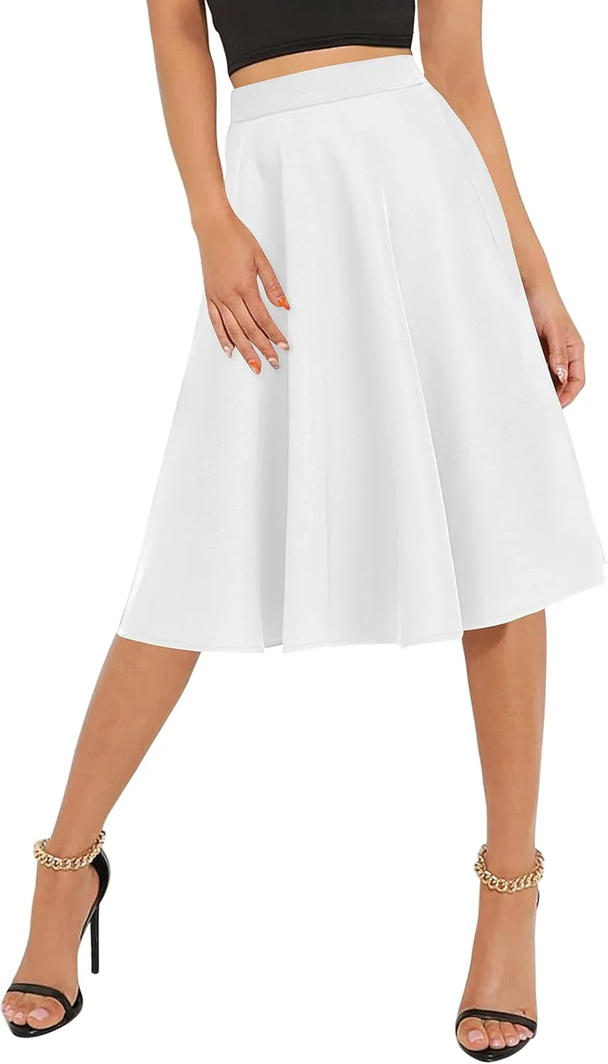 Urban CoCo Women's Basic Elastic Waist A-line Solid Flared Midi Skirt