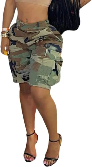 Vakkest Women's Camo Cargo Shorts Casual Trendy High Waisted Summer Joggers Camouflage Print Short Pants with Pockets