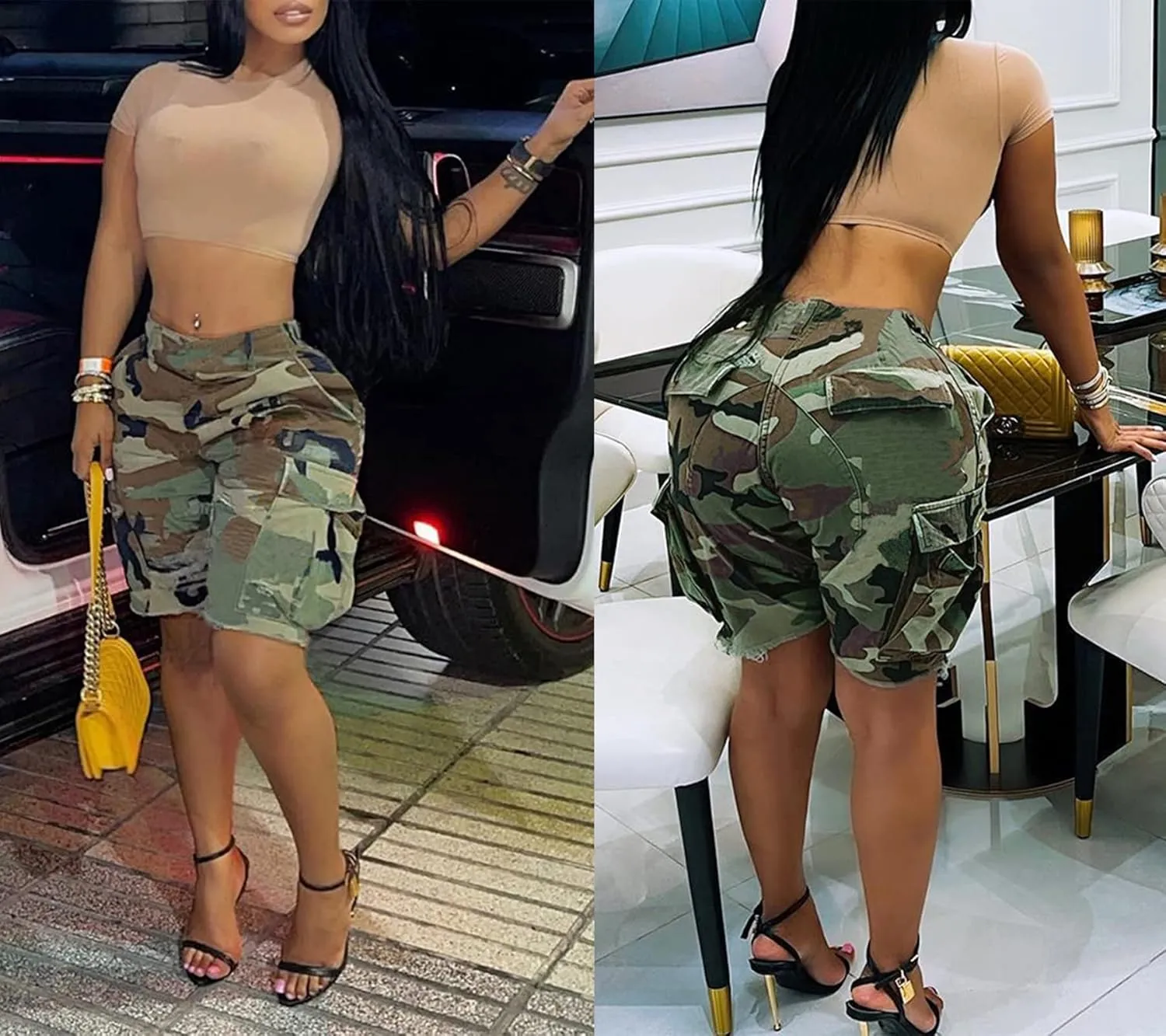 Vakkest Women's Camo Cargo Shorts Casual Trendy High Waisted Summer Joggers Camouflage Print Short Pants with Pockets