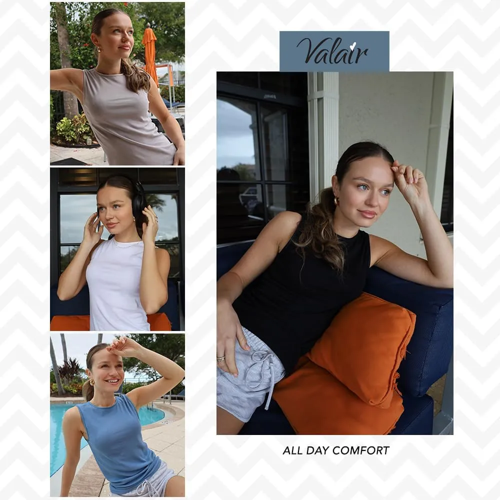 Valair Tank Top for Women, Sleeveless T-Shirt - Crew Neck 100% Cotton Athletic Undershirt, High Neck, Full Shoulder Design