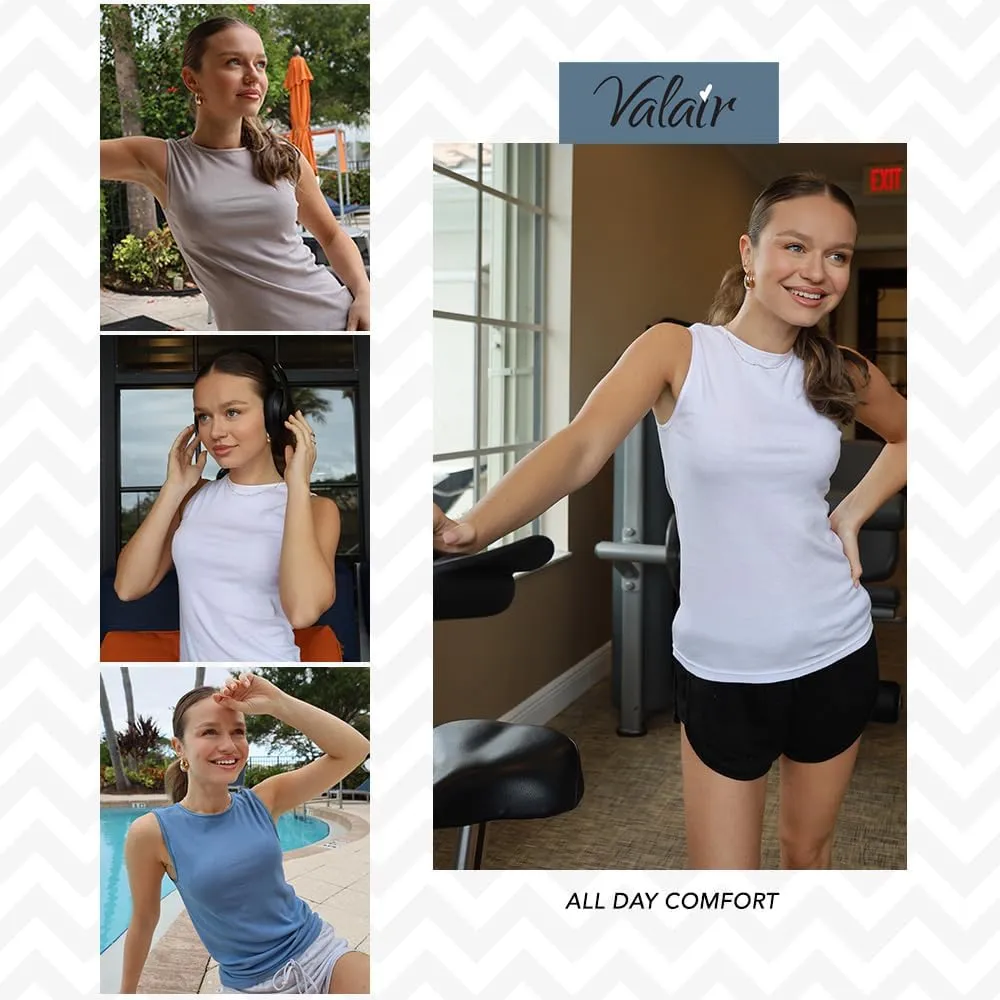Valair Tank Top for Women, Sleeveless T-Shirt - Crew Neck 100% Cotton Athletic Undershirt, High Neck, Full Shoulder Design
