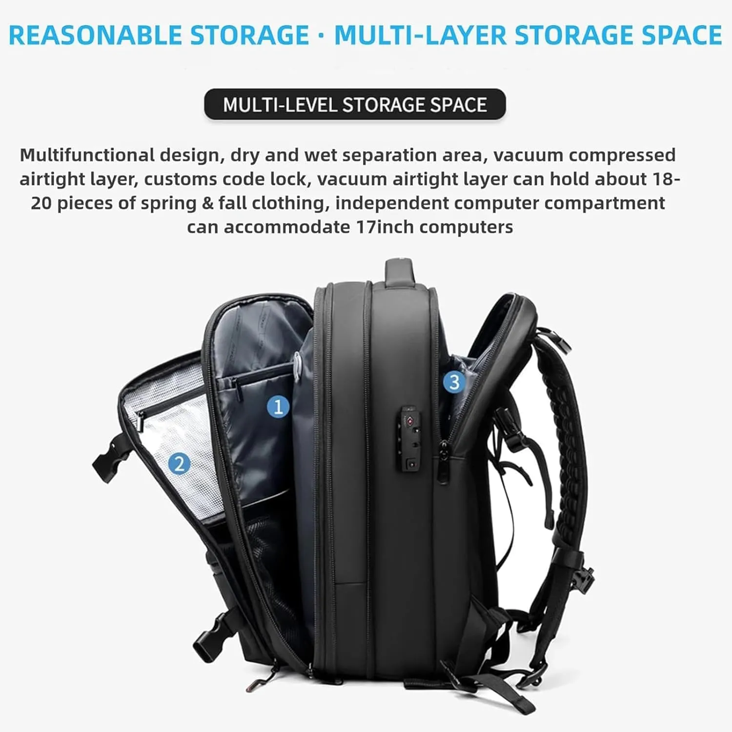 Velouette Mochila De Viaje, Veloussette Prestige Space Bag Vacuum Backpack Travel Anti Theft Lock Expandable Large Capacity (Gray, Large)