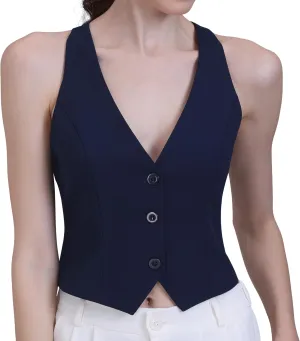 Vest for Women Fashion Crop Vest Tops Womens Waistcoats Racerback V Neck Button Up Slim Fitted Suit Vests