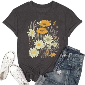 Vintage Boho Floral T Shirt for Women Cute Colorful Wildflowers Graphic Short Sleeve Fashion Girl Botanical Tee Tops