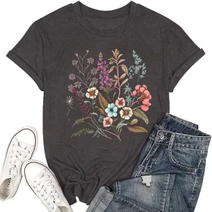 Vintage Boho Floral T Shirt for Women Cute Colorful Wildflowers Graphic Short Sleeve Fashion Girl Botanical Tee Tops