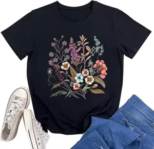 Vintage Boho Floral T Shirt for Women Cute Colorful Wildflowers Graphic Short Sleeve Fashion Girl Botanical Tee Tops