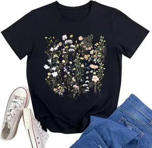 Vintage Boho Floral T Shirt for Women Cute Colorful Wildflowers Graphic Short Sleeve Fashion Girl Botanical Tee Tops