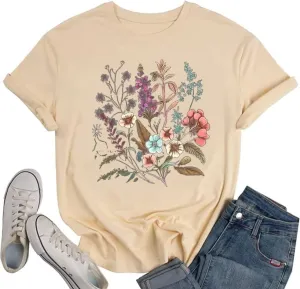 Vintage Boho Floral T Shirt for Women Cute Colorful Wildflowers Graphic Short Sleeve Fashion Girl Botanical Tee Tops
