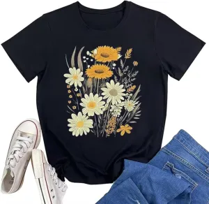 Vintage Boho Floral T Shirt for Women Cute Colorful Wildflowers Graphic Short Sleeve Fashion Girl Botanical Tee Tops