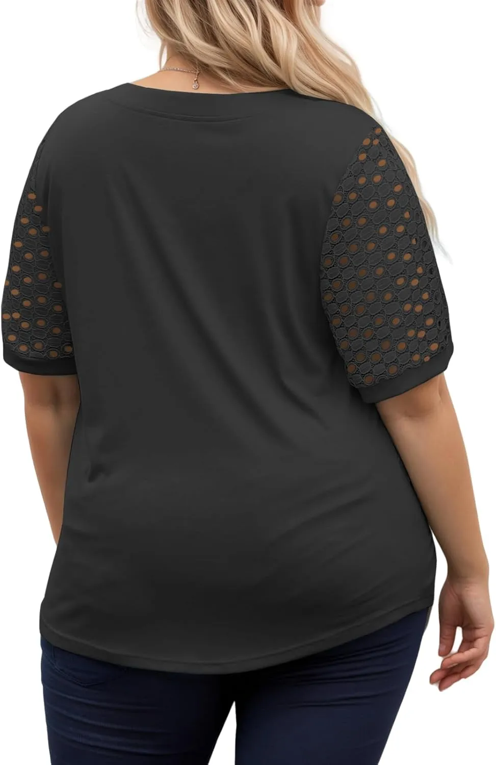 VISLILY Plus-Size-Womens-Summer-Tops Cute Henley V Neck T Shirts Dressy Lace Short Sleeve Blouse Trendy Casual Pleated Tunics