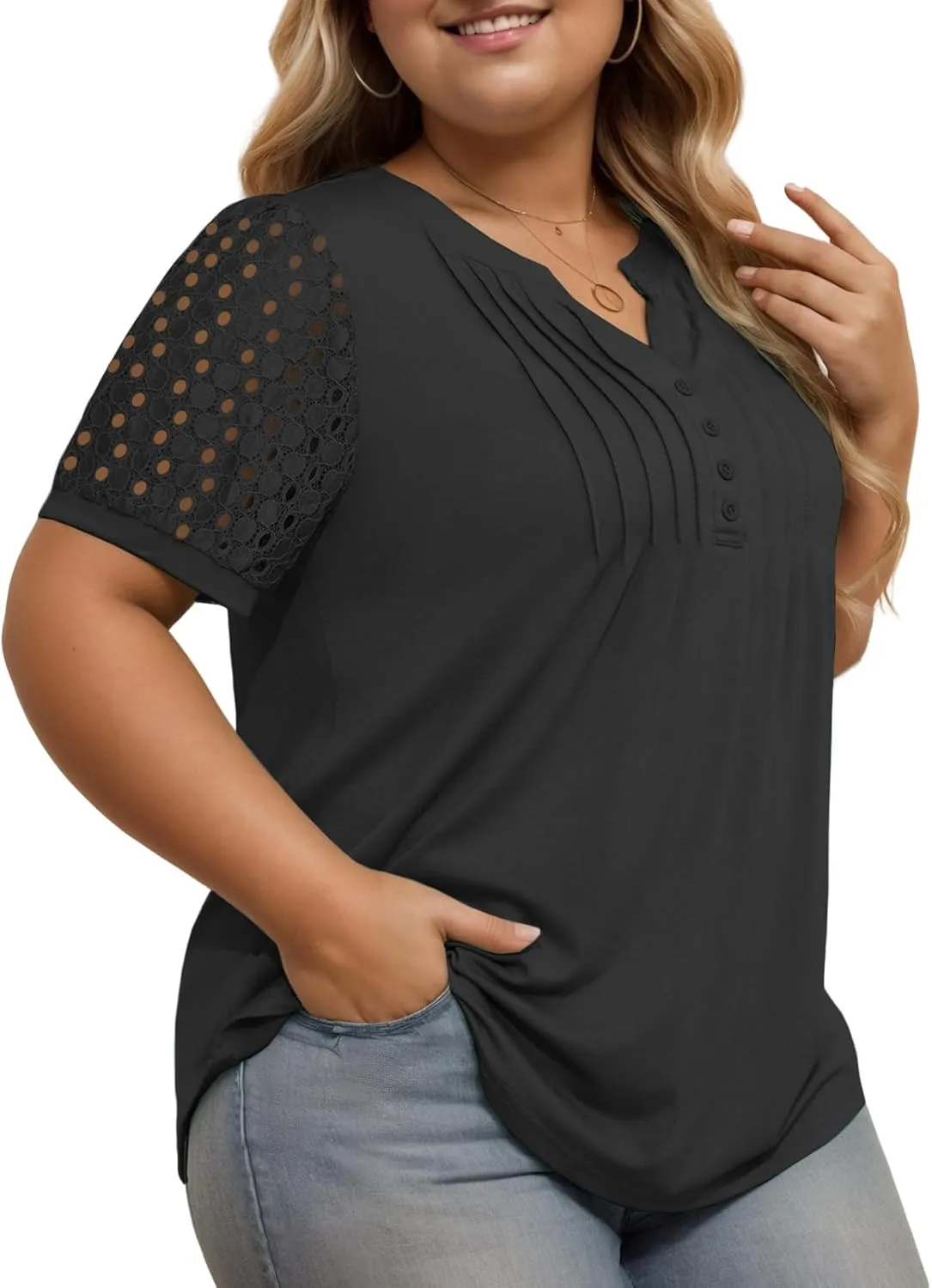 VISLILY Plus-Size-Womens-Summer-Tops Cute Henley V Neck T Shirts Dressy Lace Short Sleeve Blouse Trendy Casual Pleated Tunics