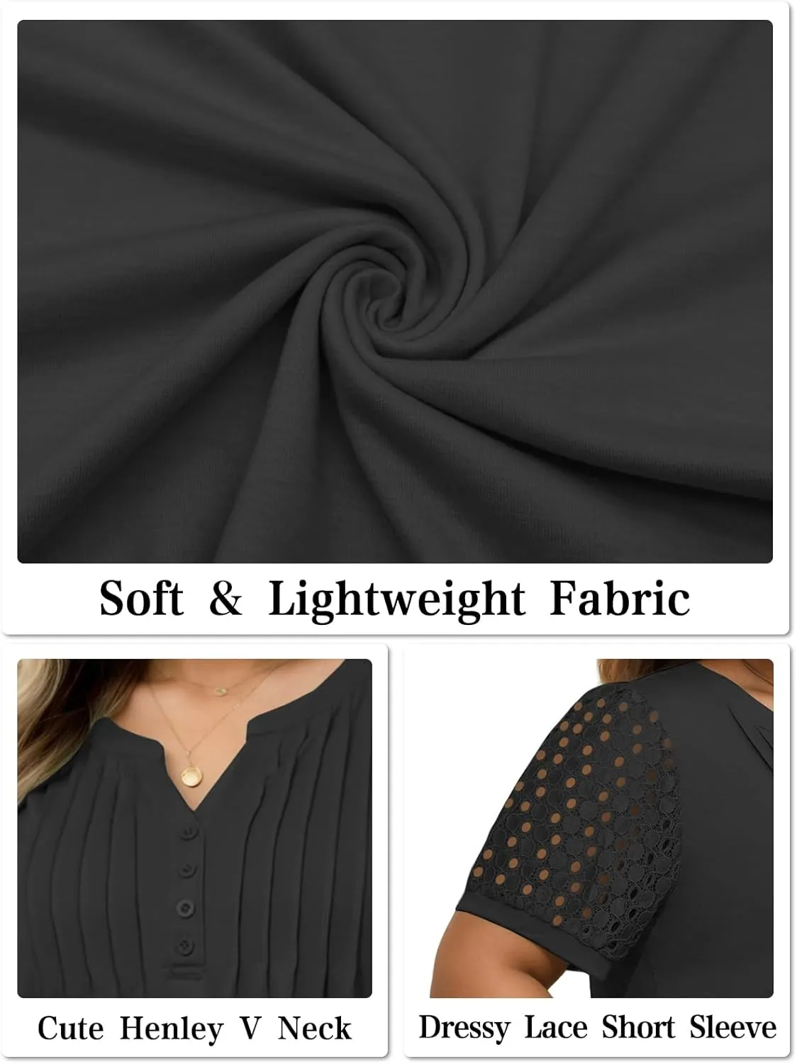 VISLILY Plus-Size-Womens-Summer-Tops Cute Henley V Neck T Shirts Dressy Lace Short Sleeve Blouse Trendy Casual Pleated Tunics