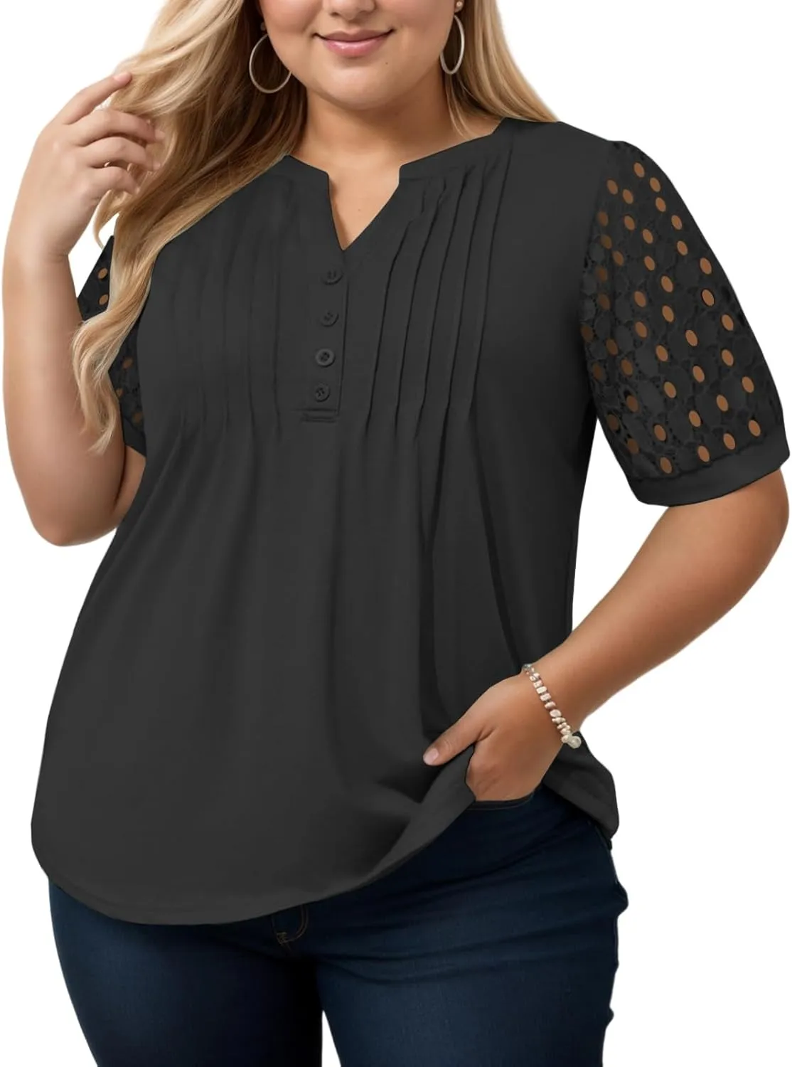 VISLILY Plus-Size-Womens-Summer-Tops Cute Henley V Neck T Shirts Dressy Lace Short Sleeve Blouse Trendy Casual Pleated Tunics