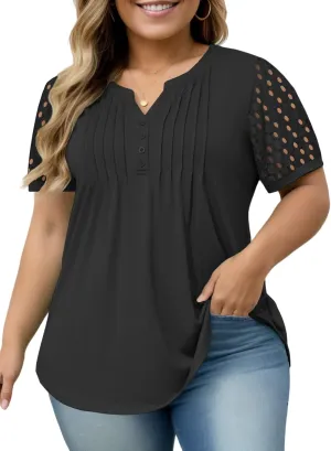 VISLILY Plus-Size-Womens-Summer-Tops Cute Henley V Neck T Shirts Dressy Lace Short Sleeve Blouse Trendy Casual Pleated Tunics