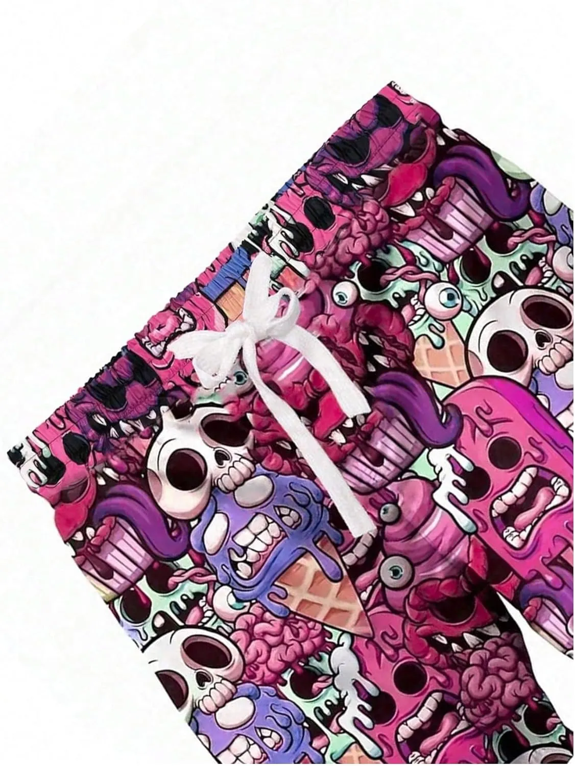 WDIRARA Men's Cartoon Skull Print Swim Trunks Drawstring Elastic Waist Beach Shorts