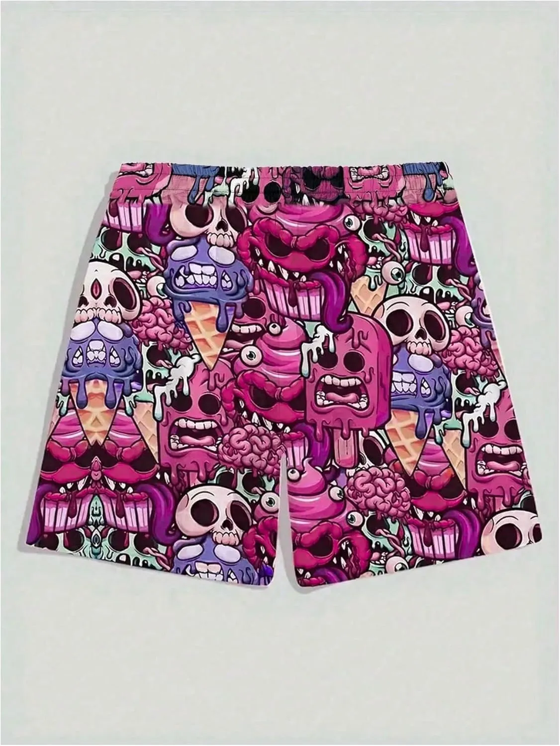 WDIRARA Men's Cartoon Skull Print Swim Trunks Drawstring Elastic Waist Beach Shorts