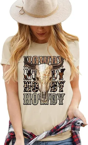 Western Cowboy Graphic Tees for Women Vintage Cow Skull Short Sleeve T Shirt Country Music Cowgirs Tops