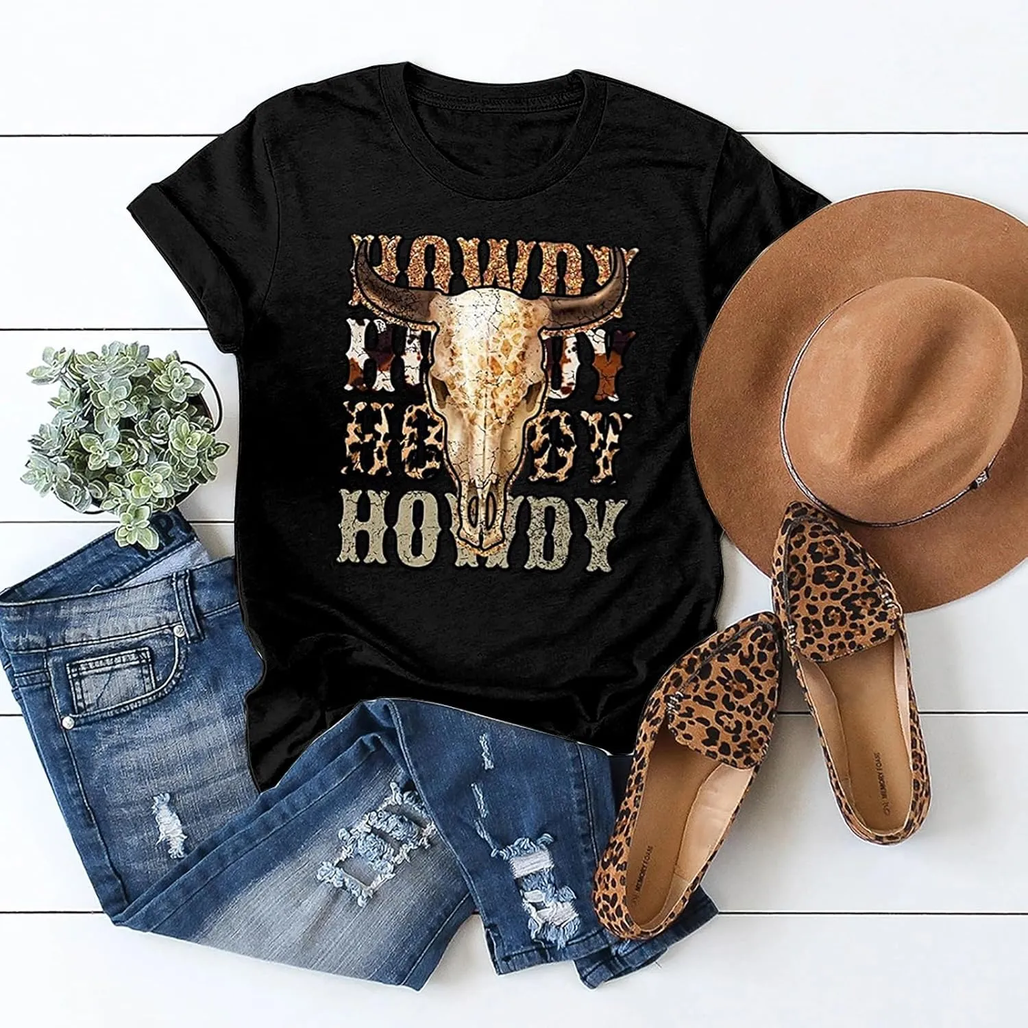 Western Cowboy Graphic Tees for Women Vintage Cow Skull Short Sleeve T Shirt Country Music Cowgirs Tops