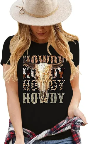 Western Cowboy Graphic Tees for Women Vintage Cow Skull Short Sleeve T Shirt Country Music Cowgirs Tops