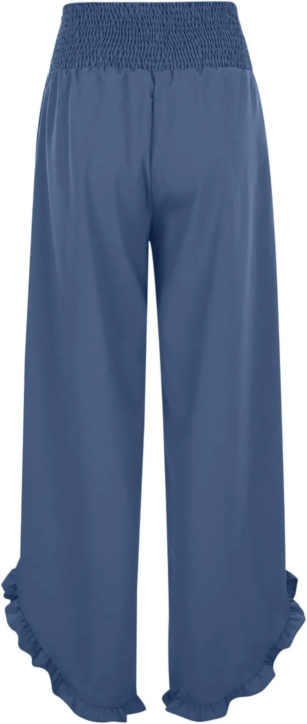Wide Leg Linen Pants for Women Plus Size Smocked Waisted Ruffle Hem Palazzo Pants Summer Casual Loose Fit Beach Pants
