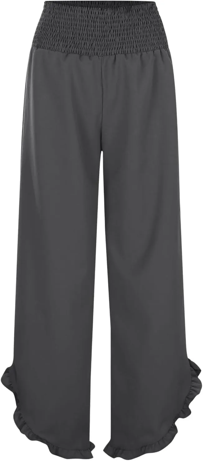 Wide Leg Linen Pants for Women Plus Size Smocked Waisted Ruffle Hem Palazzo Pants Summer Casual Loose Fit Beach Pants