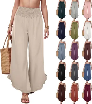 Wide Leg Linen Pants for Women Plus Size Smocked Waisted Ruffle Hem Palazzo Pants Summer Casual Loose Fit Beach Pants