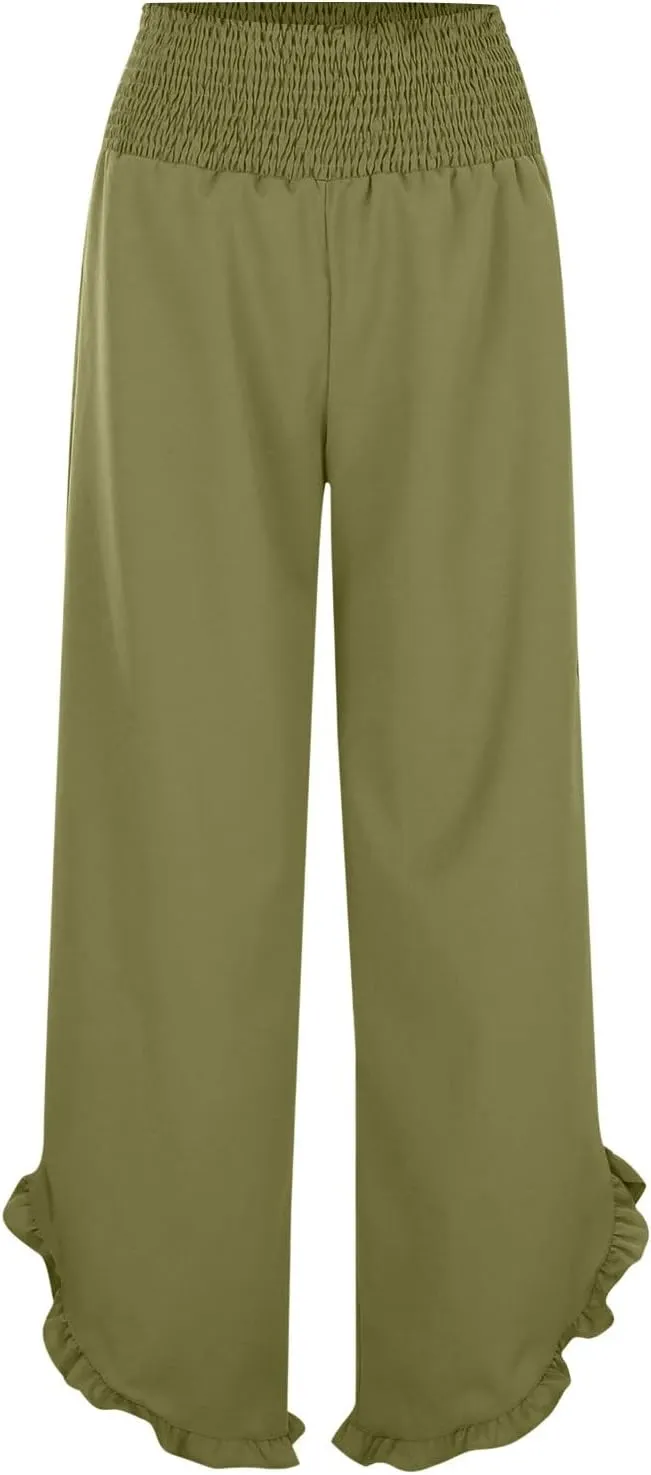 Wide Leg Linen Pants for Women Plus Size Smocked Waisted Ruffle Hem Palazzo Pants Summer Casual Loose Fit Beach Pants