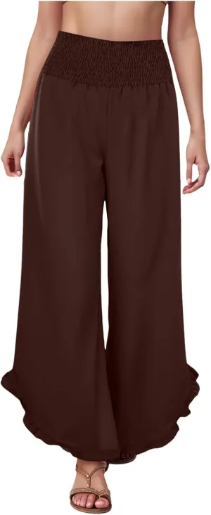 Wide Leg Linen Pants for Women Plus Size Smocked Waisted Ruffle Hem Palazzo Pants Summer Casual Loose Fit Beach Pants