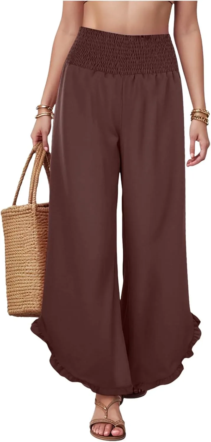 Wide Leg Linen Pants for Women Plus Size Smocked Waisted Ruffle Hem Palazzo Pants Summer Casual Loose Fit Beach Pants