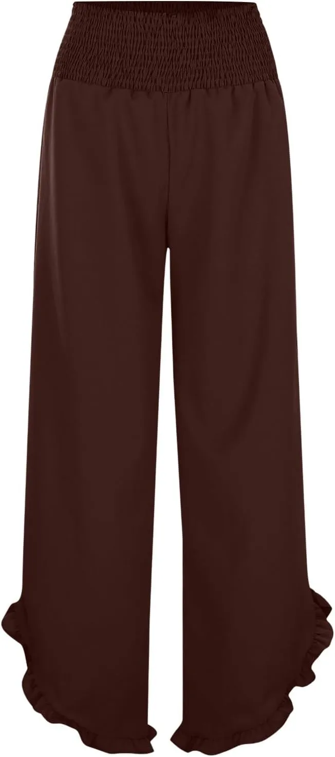 Wide Leg Linen Pants for Women Plus Size Smocked Waisted Ruffle Hem Palazzo Pants Summer Casual Loose Fit Beach Pants