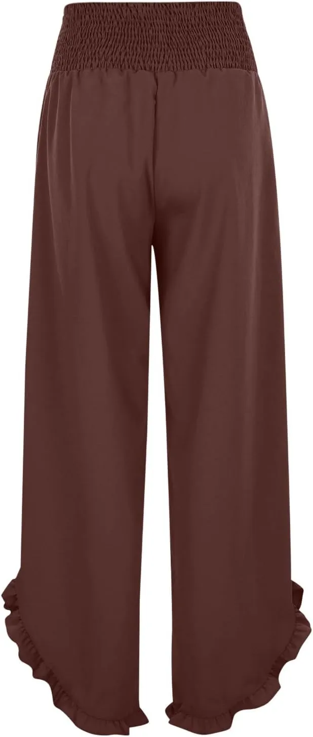 Wide Leg Linen Pants for Women Plus Size Smocked Waisted Ruffle Hem Palazzo Pants Summer Casual Loose Fit Beach Pants