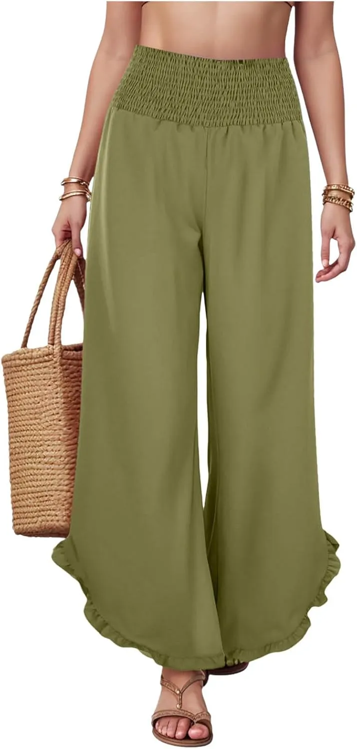 Wide Leg Linen Pants for Women Plus Size Smocked Waisted Ruffle Hem Palazzo Pants Summer Casual Loose Fit Beach Pants