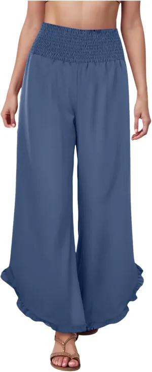 Wide Leg Linen Pants for Women Plus Size Smocked Waisted Ruffle Hem Palazzo Pants Summer Casual Loose Fit Beach Pants