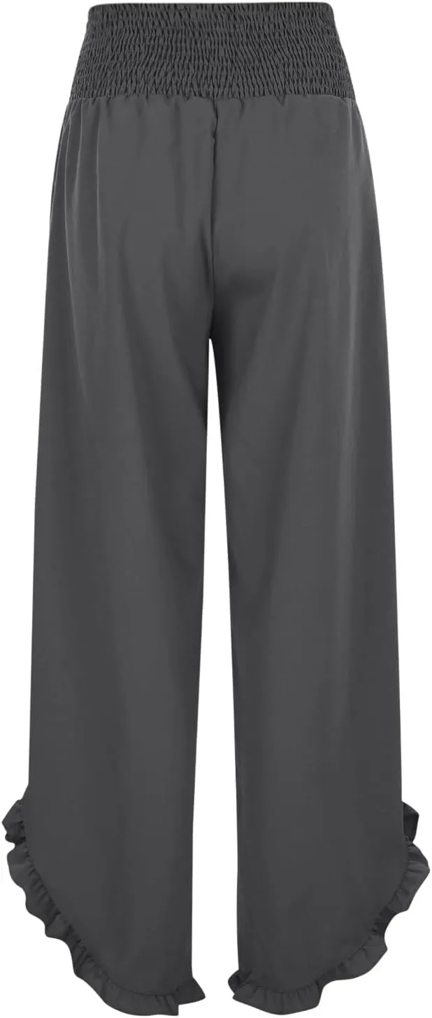 Wide Leg Linen Pants for Women Plus Size Smocked Waisted Ruffle Hem Palazzo Pants Summer Casual Loose Fit Beach Pants