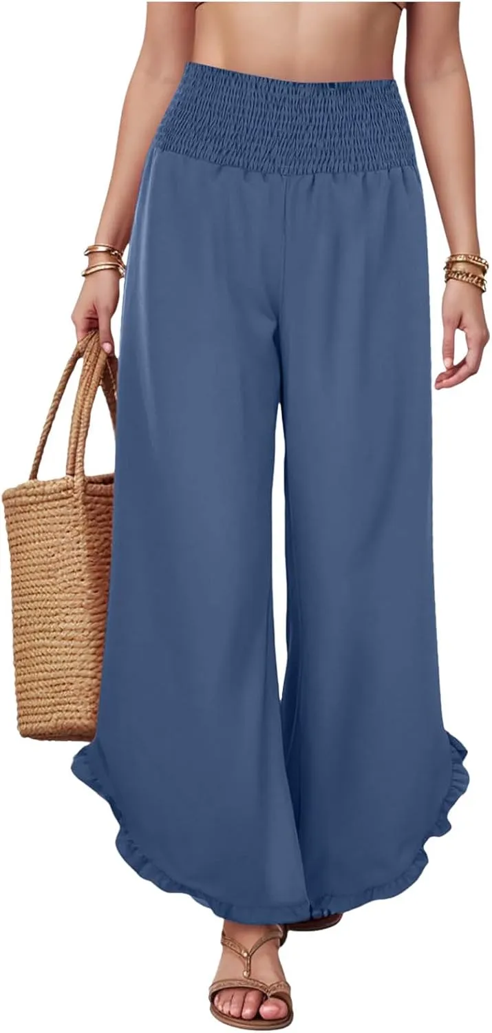Wide Leg Linen Pants for Women Plus Size Smocked Waisted Ruffle Hem Palazzo Pants Summer Casual Loose Fit Beach Pants