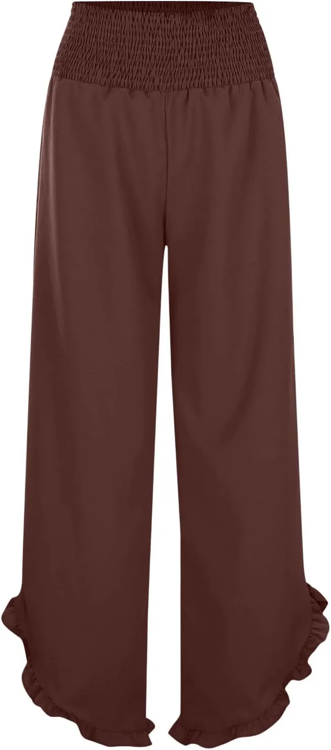 Wide Leg Linen Pants for Women Plus Size Smocked Waisted Ruffle Hem Palazzo Pants Summer Casual Loose Fit Beach Pants
