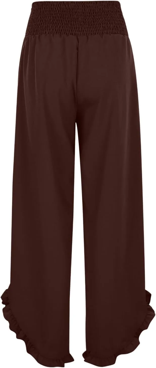 Wide Leg Linen Pants for Women Plus Size Smocked Waisted Ruffle Hem Palazzo Pants Summer Casual Loose Fit Beach Pants