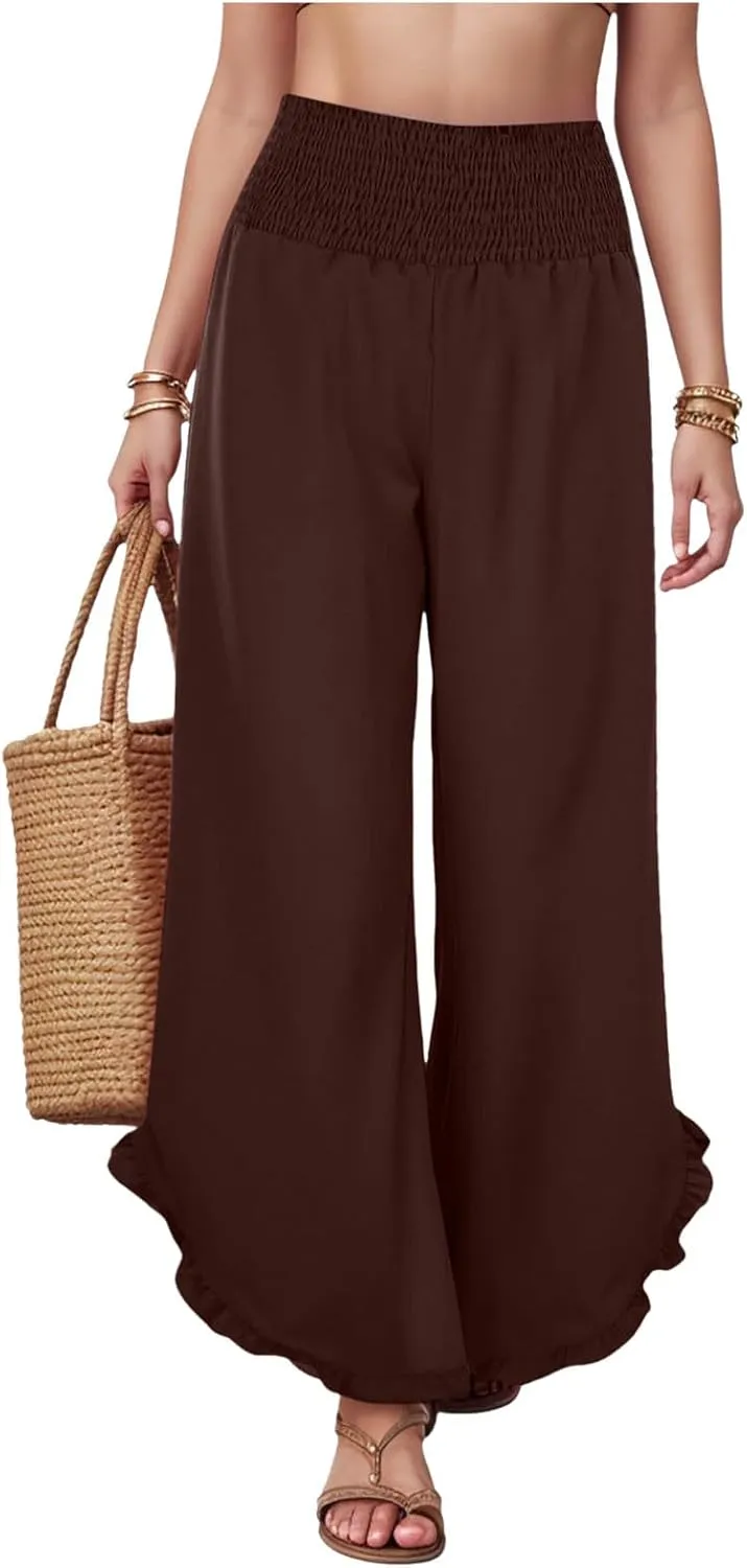 Wide Leg Linen Pants for Women Plus Size Smocked Waisted Ruffle Hem Palazzo Pants Summer Casual Loose Fit Beach Pants
