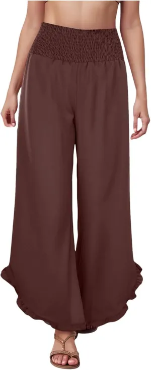 Wide Leg Linen Pants for Women Plus Size Smocked Waisted Ruffle Hem Palazzo Pants Summer Casual Loose Fit Beach Pants