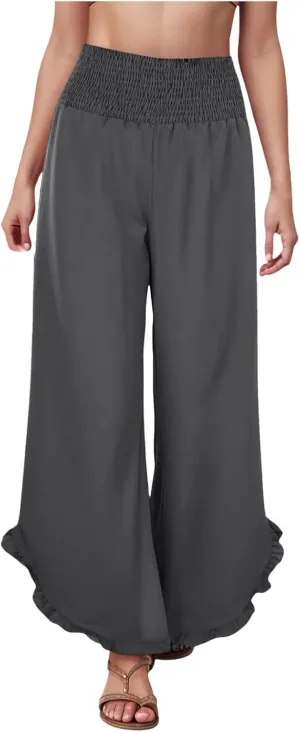 Wide Leg Linen Pants for Women Plus Size Smocked Waisted Ruffle Hem Palazzo Pants Summer Casual Loose Fit Beach Pants