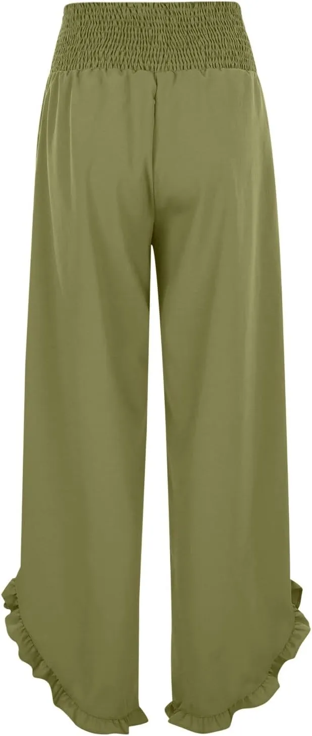 Wide Leg Linen Pants for Women Plus Size Smocked Waisted Ruffle Hem Palazzo Pants Summer Casual Loose Fit Beach Pants
