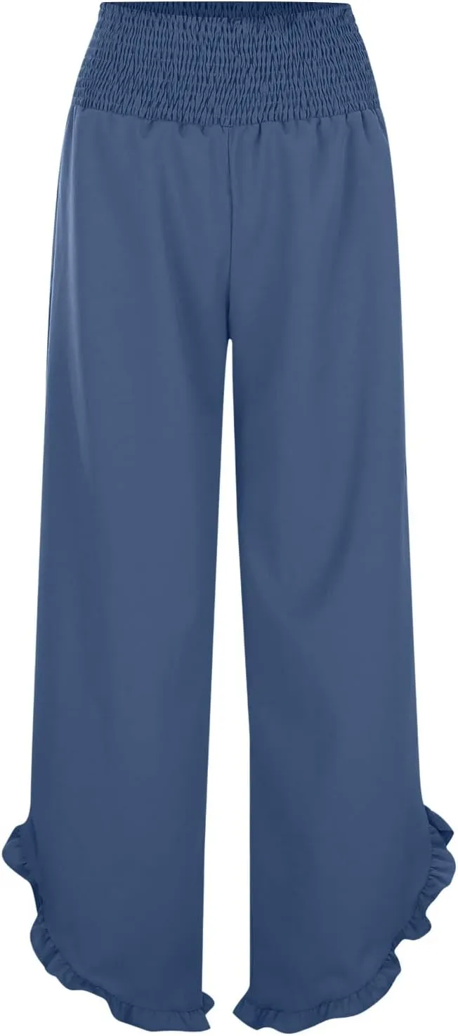Wide Leg Linen Pants for Women Plus Size Smocked Waisted Ruffle Hem Palazzo Pants Summer Casual Loose Fit Beach Pants