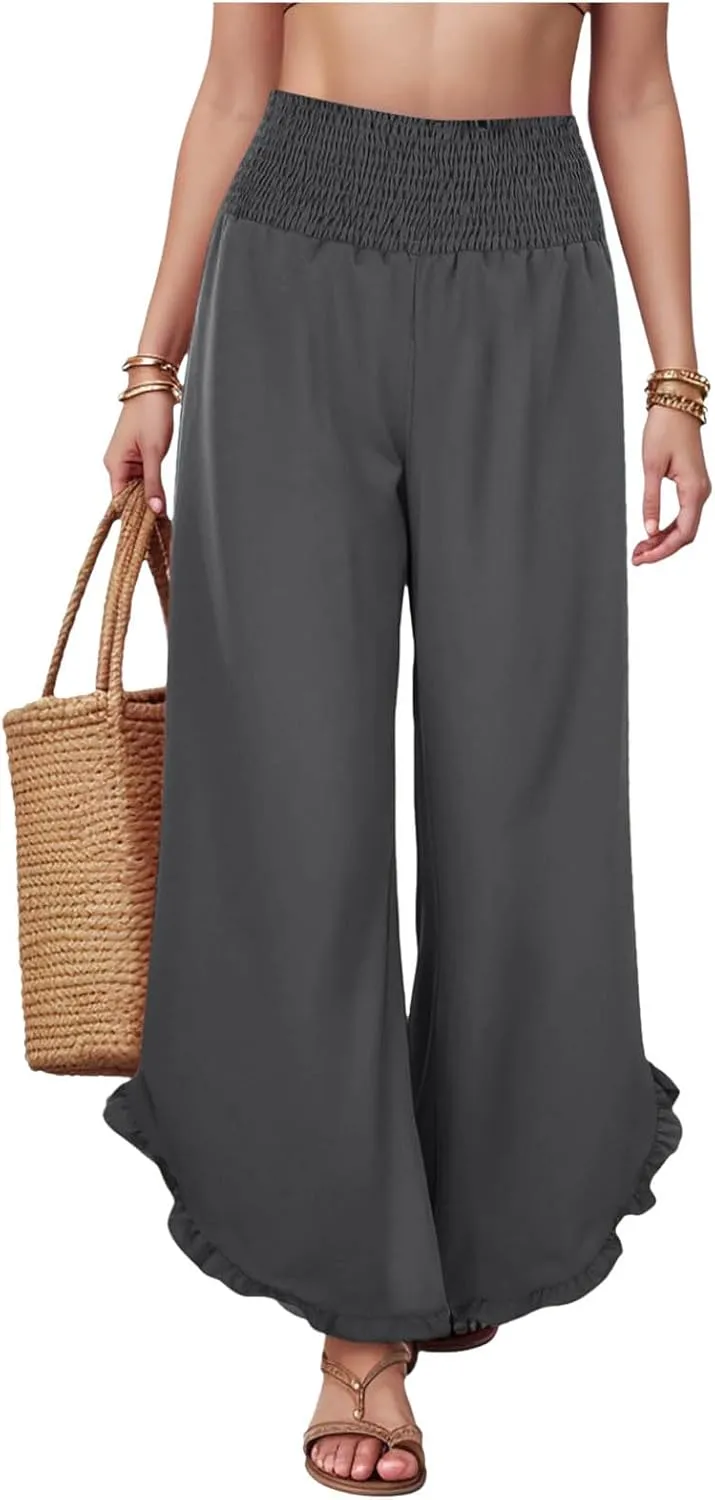 Wide Leg Linen Pants for Women Plus Size Smocked Waisted Ruffle Hem Palazzo Pants Summer Casual Loose Fit Beach Pants