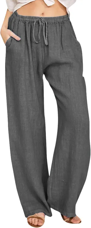 Wide Leg Linen Pants for Women Plus Size Summer Pants Flowy Drawstring Wide Leg Pants High Waisted Palazzo Pant Yoga Trousers