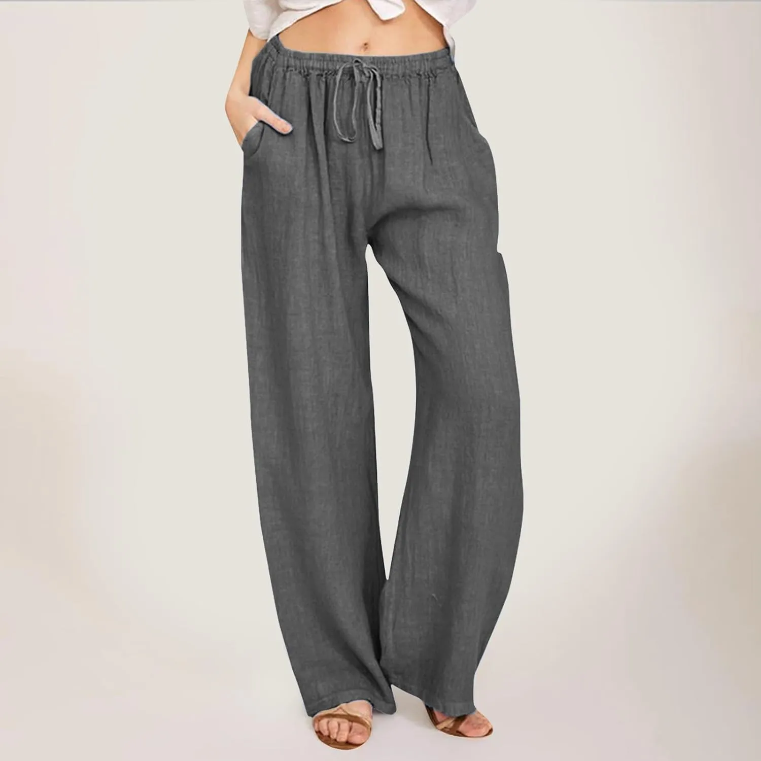 Wide Leg Linen Pants for Women Plus Size Summer Pants Flowy Drawstring Wide Leg Pants High Waisted Palazzo Pant Yoga Trousers